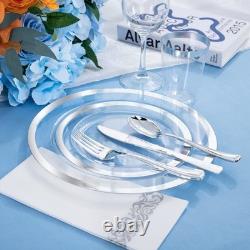 175PCS Clear Plastic Plates with Silver Rim include -Disposable Silver Plstic