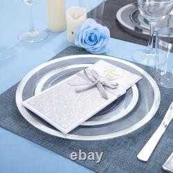 175PCS Clear Plastic Plates with Silver Rim include -Disposable Silver Plstic