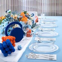 175PCS Clear Plastic Plates with Silver Rim include -Disposable Silver Plstic