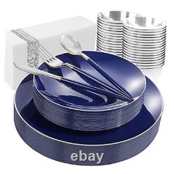 175Pcs Blue Plastic Plates with Silver Rim & Disposable Silverware with Blue
