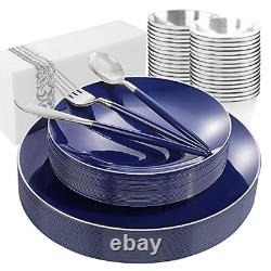 175Pcs Blue Plastic Plates with Silver Rim & Disposable Silverware with Blue