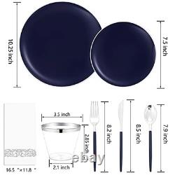 175Pcs Blue Plastic Plates with Silver Rim & Disposable Silverware with Blue