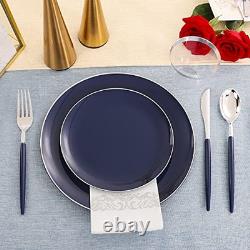 175Pcs Blue Plastic Plates with Silver Rim & Disposable Silverware with Blue