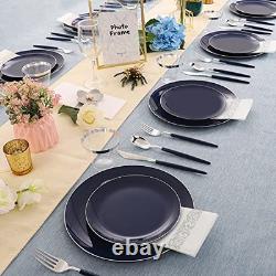 175Pcs Blue Plastic Plates with Silver Rim & Disposable Silverware with Blue