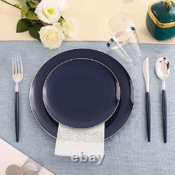 175Pcs Blue Plastic Plates with Silver Rim & Disposable Silverware with Blue