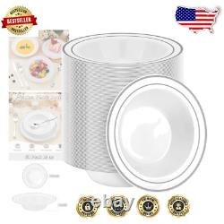 200 Count Silver Rimmed Plastic Bowls 12oz Disposable Dinnerware for Weddings