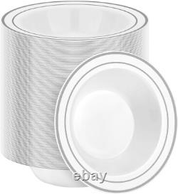 200 Count Silver Rimmed Plastic Bowls 12oz Disposable Dinnerware for Weddings