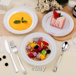 200 Count Silver Rimmed Plastic Bowls 12oz Disposable Dinnerware for Weddings