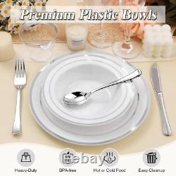 200 Count Silver Rimmed Plastic Bowls 12oz Disposable Dinnerware for Weddings