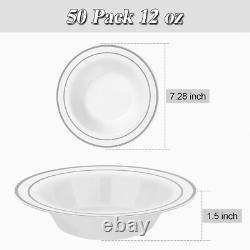 200 Count Silver Rimmed Plastic Bowls 12oz Disposable Dinnerware for Weddings