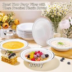 200 Count Silver Rimmed Plastic Bowls 12oz Disposable Dinnerware for Weddings