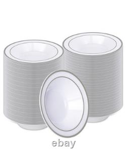 200 Pack Plastic Bowls with Elegant Silver Rim Disposable Dinnerware Set