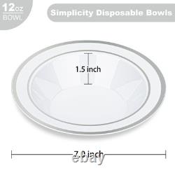 200 Pack Plastic Bowls with Silver Rim, 12 oz Disposable Soup Bowls, Heavy-du