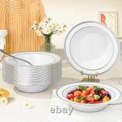 200 Pack Plastic Bowls with Silver Rim, 12 oz Disposable Soup Bowls, Heavy-du