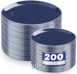 200PCS Blue Plastic Plates with Silver Rim Navy Blue Plastic Plates