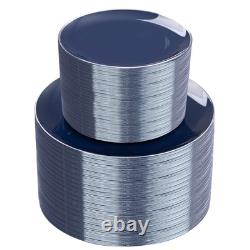 200PCS Blue Plastic Plates with Silver Rim Navy Blue Plastic Plates Include