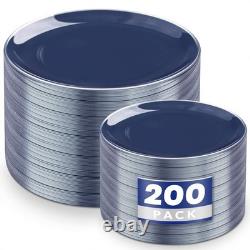200PCS Blue Plastic Plates with Silver Rim Navy Blue Plastic Plates Include