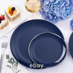 200PCS Blue Plastic Plates with Silver Rim Navy Blue Plastic Plates Include
