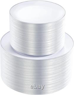 200PCS Silver Plastic Plates White Plastic Plates with Silver Rim Include 100