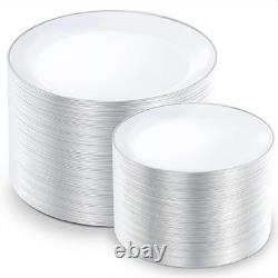 200PCS Silver Rimmed Plastic Plates Set 100 Dinner & 100 Dessert Plates for Pa