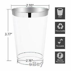200pcs Silver Rimmed Plastic Cups, 10 OZ Clear Disposable Tumblers
