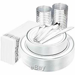 225PCS Silver Plastic Plates, Disposable Silverware, Cups & Hand Napkins, Rim