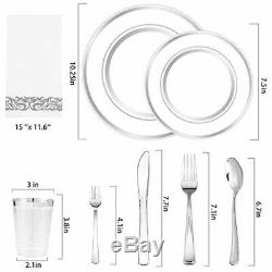 225PCS Silver Plastic Plates, Disposable Silverware, Cups & Hand Napkins, Rim