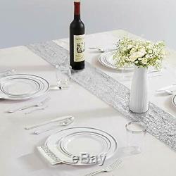 225PCS Silver Plastic Plates, Disposable Silverware, Cups & Hand Napkins, Rim