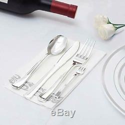 225PCS Silver Plastic Plates, Disposable Silverware, Cups & Hand Napkins, Rim