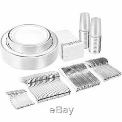 225PCS Silver Plastic Plates, Disposable Silverware, Cups & Hand Napkins, Rim