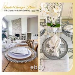 24 Pack Silver Clear Charger Plates With Beaded Rim, 13 Inch Dinner Charger P