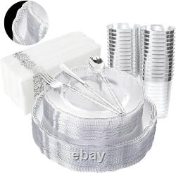 25 Guest Clear Plastic Plates with Silver Rim&Silver Disposable Silverware with