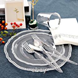 25 Guest Clear Plastic Plates with Silver Rim&Silver Disposable Silverware with