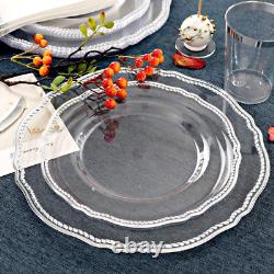 25 Guest Clear Plastic Plates with Silver Rim&Silver Disposable Silverware with