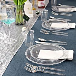 25 Guest Clear Plastic Plates with Silver Rim&Silver Disposable Silverware with