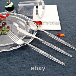 25 Guest Clear Plastic Plates with Silver Rim&Silver Disposable Silverware with