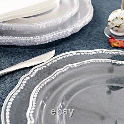 25 Guest Clear Plastic Plates with Silver Rim&Silver Disposable Silverware with