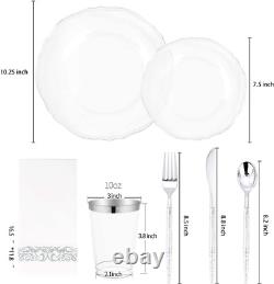 25 Guest Clear Plastic Plates with Silver Rim&Silver Disposable Silverware with