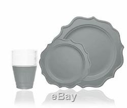 288-Pack Silver Color Round Scalloped Rim Disposable Plastic Plate Set for 96 G