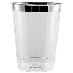 300 x 10oz Clear Tumblers/Glasses in Strong Disposable Plastic Shiny Silver Rim