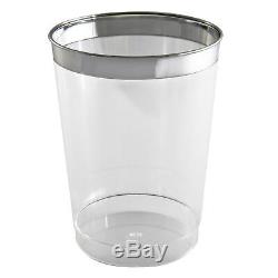 300 x 10oz Clear Tumblers/Glasses in Strong Disposable Plastic Shiny Silver Rim