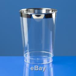 300 x 10oz Clear Tumblers/Glasses in Strong Disposable Plastic Shiny Silver Rim