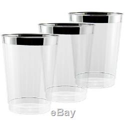 300 x 10oz Clear Tumblers/Glasses in Strong Disposable Plastic Shiny Silver Rim