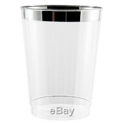 300 x 10oz Clear Tumblers/Glasses in Strong Disposable Plastic Shiny Silver Rim