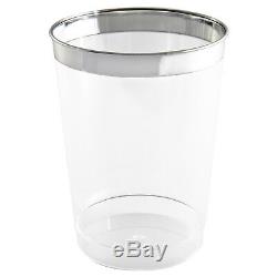 300 x 10oz Clear Tumblers/Glasses in Strong Disposable Plastic Shiny Silver Rim