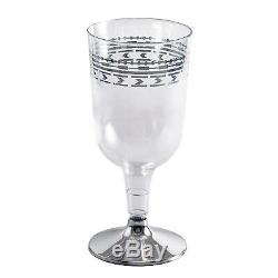 300 x Strong Disposable Plastic Wine Glasses 170ml /6oz Fancy Silver Rim Design