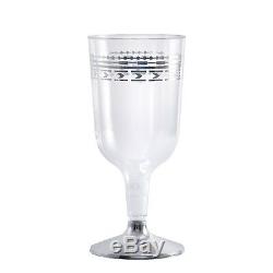 300 x Strong Disposable Plastic Wine Glasses 170ml /6oz Fancy Silver Rim Design