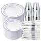 350 Pcs White And Silver Plastic Dinnerware Set For 50 Guests, 100 Disposable