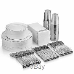 350 Pcs Silver Dinnerware Set 100 Silver Rim Plastic Plates for Silver party