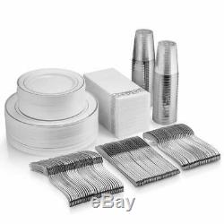 350 Pcs Silver Dinnerware Set 100 Silver Rim Plastic Plates for Silver party